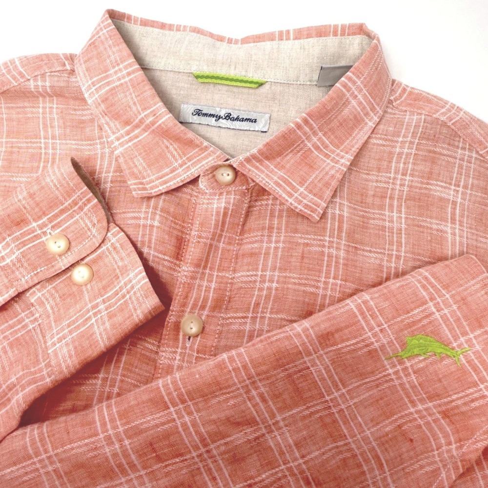 Tommy Bahama Mens XXL Coral Orange Windowpane Plaid 100% Linen Button Down Shirt